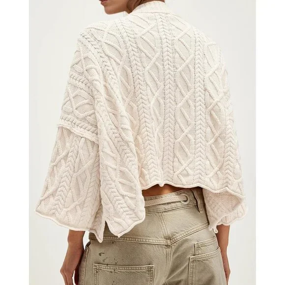 Women's Cable Knit Cropped Sweater Oversized Fall Long Sleeve Knit Top - Picture 2 of 5